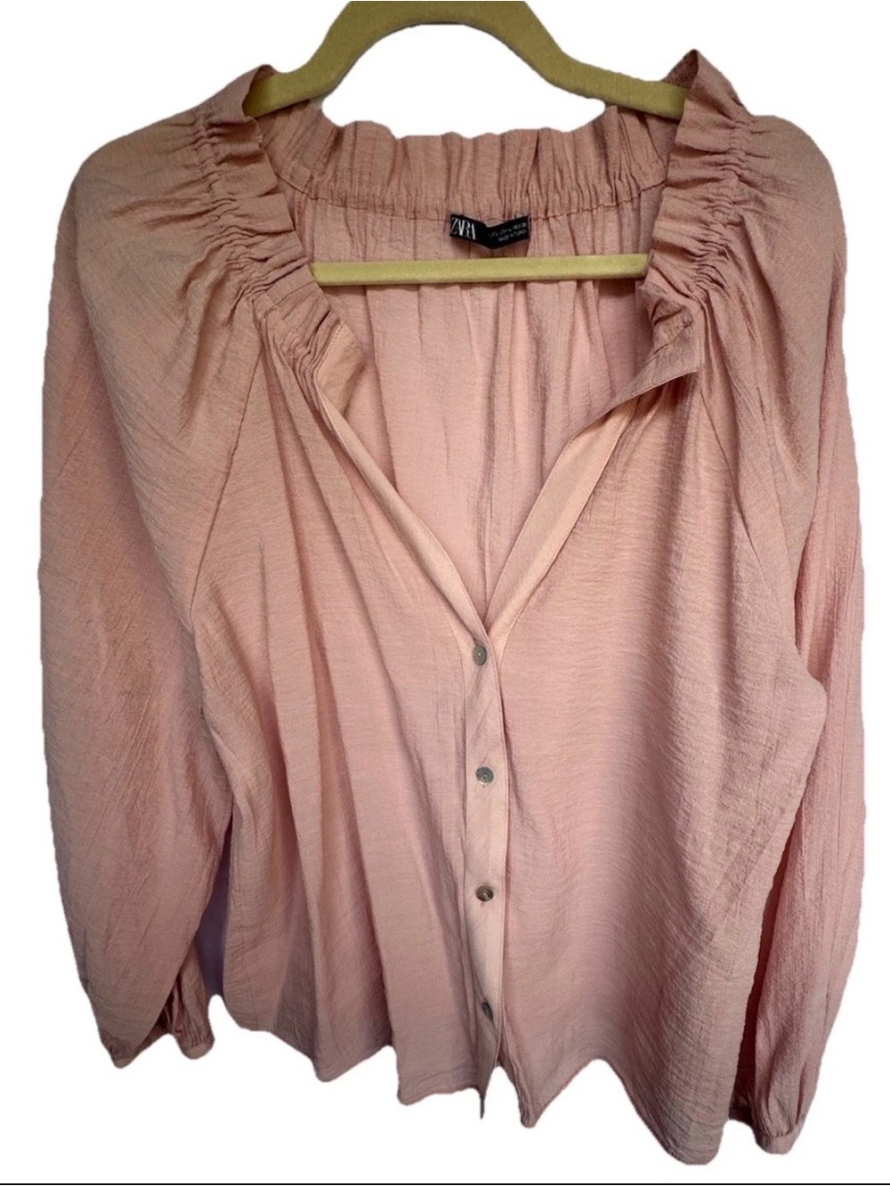 Zara Blush Pink Button-Front Peasant Blouse Shirt Top
